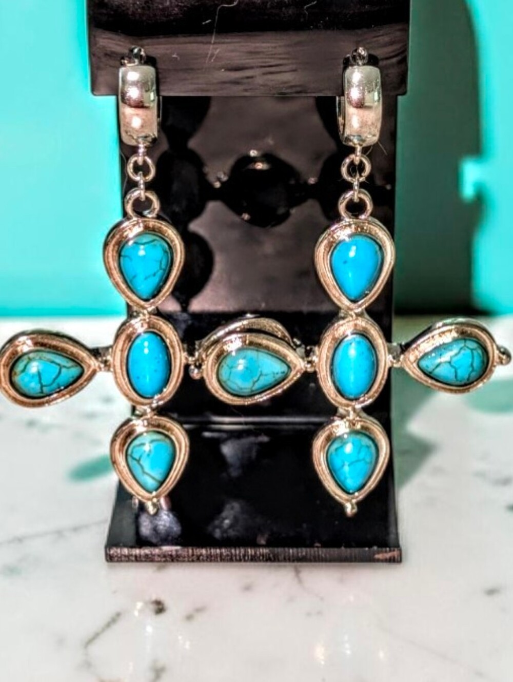 Howlite Turquoise Cross Earrings With Sterling Silver Plated Stamped 925 Accents